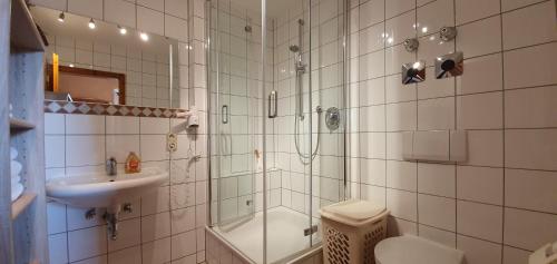 y baño con ducha, lavabo y aseo. en Kirmeier Hof, en Bad Endorf