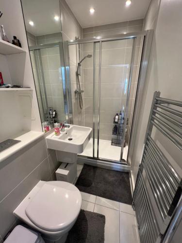 a bathroom with a shower and a toilet and a sink at London's Calling Too in London