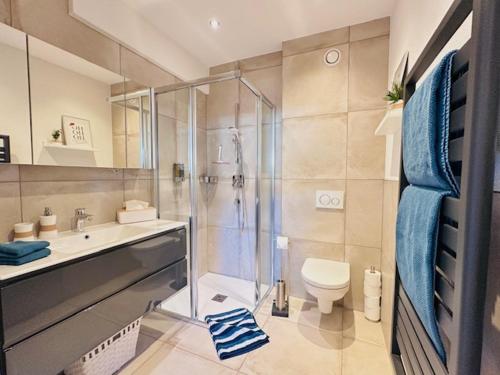 een badkamer met een douche, een toilet en een wastafel bij Ferienwohnungen Mountainfloor - Chiemgau Karte in Inzell