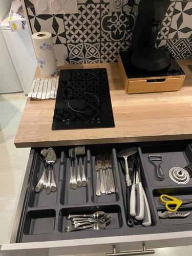 - un comptoir de cuisine avec une cuisinière et des ustensiles dans l'établissement Mont Aiguille - Proche gare Chateaucreux, à Saint-Étienne