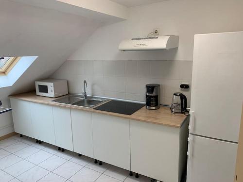 une petite cuisine avec un évier et un réfrigérateur dans l'établissement Cozy little 2-room retreat, a tranquil haven!, à Mulhouse