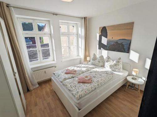 um quarto branco com uma cama e 2 janelas em Urlaubsmagie - Große Wohnung für bis zu 10 Personen - F4 em Sebnitz