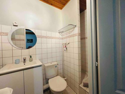 une salle de bain avec toilettes, lavabo et miroir dans l'établissement Une pause en baie de Somme, rez de chaussée, Wifi, à Abbeville