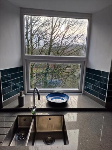 eine Küchentheke mit einem Waschbecken und einem Fenster in der Unterkunft Over Torrs Cottage in New Mills