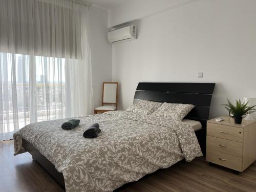 a bedroom with a large bed with a black headboard at Sunny Rooms in Limassol