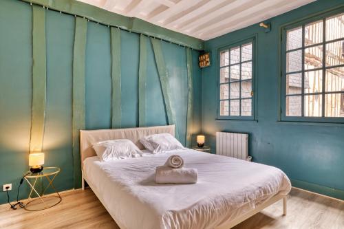 Damiette, charmant F4 centre Rouen St Maclou ! في رووين: غرفة نوم مع سرير والجدران الزرقاء والنوافذ