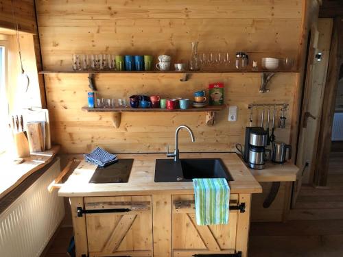 a kitchen with a sink in a wooden cabin at gemütliches Apartment mit Galerie im Ferienhof in Litzendorf