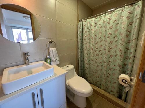 y baño con lavabo, aseo y espejo. en Cityhaus apartment zone 10 near hotel area, en Guatemala