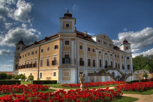 a large building with red flowers in front of it at Apartmán Café u Kordulky in Ratíškovice