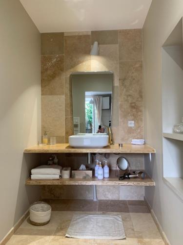 ein Bad mit einem Waschbecken und einem Spiegel in der Unterkunft EN VILLE à LA CAMPAGNE 2 in Louhans