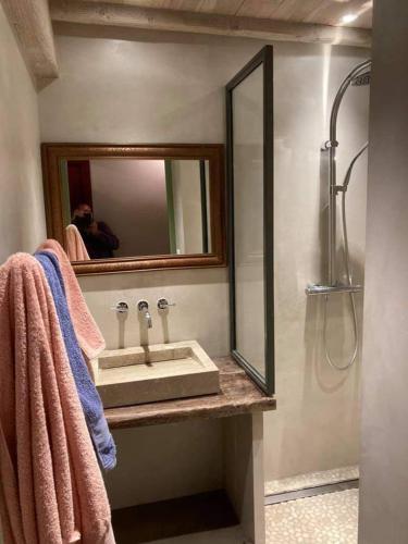 une salle de bain avec un lavabo et un miroir dans l'établissement FONT DE RAINE, à Rottier