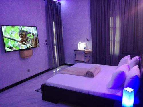 a purple bedroom with a bed and a tv at DIVINE GRACE RESIDENCE INN in Agblangandan