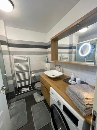 une salle de bain avec un lavabo et une machine à laver dans l'établissement RocaMare - entre Monaco et Menton, près des plages, à Roquebrune-Cap-Martin