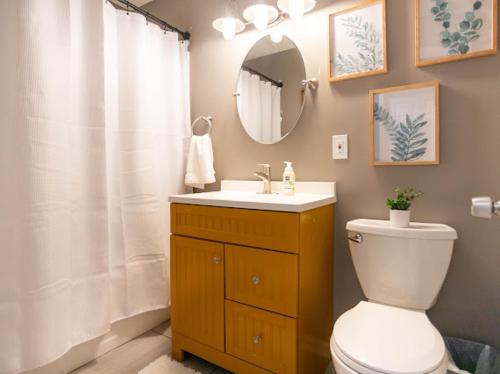 a bathroom with a toilet and a sink and a mirror at Bluegrass Bungalow in Louisville
