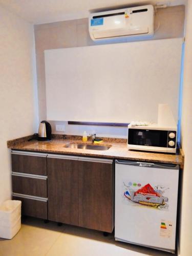 een keuken met een spoelbak en een magnetron bij Graz Hauser Apart y Cabañas in Villa General Belgrano