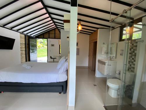 ein Schlafzimmer mit einem Bett und einer Dusche sowie ein Badezimmer in der Unterkunft CRISTALES DEL RIO RESORT in San Rafael