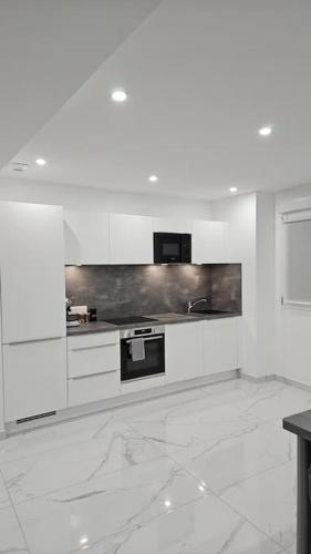 une cuisine blanche avec une cuisinière et un évier dans l'établissement Spa des ducs loft 3, à Bar-le-Duc