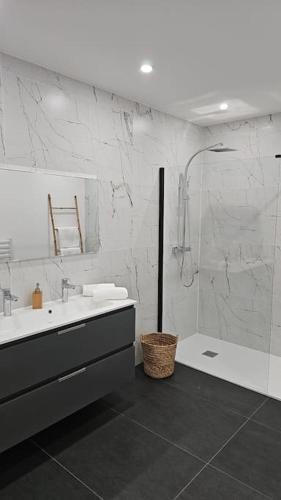 La salle de bains blanche est pourvue d'un lavabo et d'une douche. dans l'établissement Spa des ducs loft 3, à Bar-le-Duc