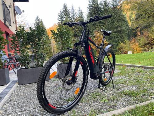 a black bike parked on the grass in a yard at Apartamenty Carpe Diem in Ustroń