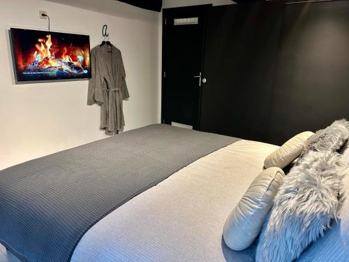 een slaapkamer met een bed en een tv aan de muur bij L AUBERGE DE l Entre Potes Scandinavia in Aat