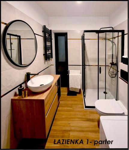 a bathroom with a sink and a toilet and a mirror at Spokojna Sosnówka in Sosnówka