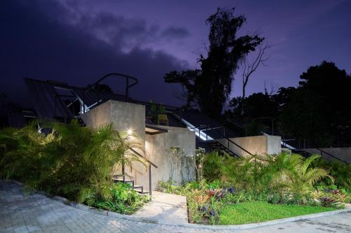 a house lit up at night with plants at BAUMA in Fortuna
