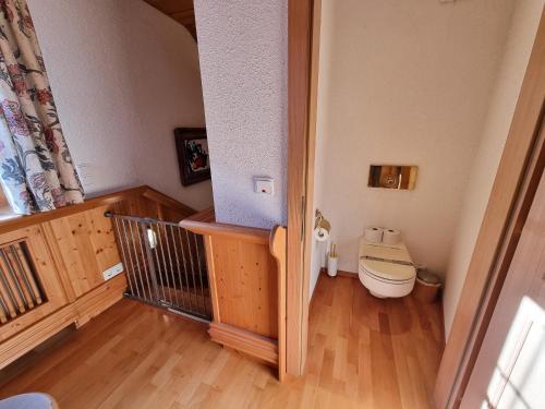 a bathroom with a toilet in the corner of a room at Blockhütte im Waldviertel in Brettl