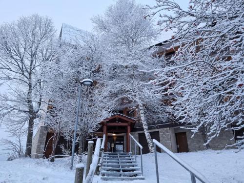 ein schneebedecktes Gebäude neben einigen Bäumen in der Unterkunft Appartement en residence in Les Angles