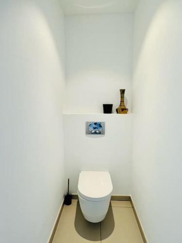 La salle de bains est pourvue de toilettes blanches dans un mur blanc. dans l'établissement 