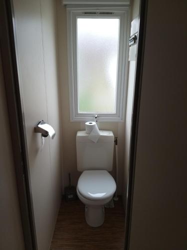 uma casa de banho com um WC e uma janela em denise em Saillagouse