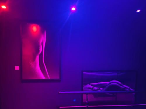 a person laying on a bed in a room with purple lights at Chambre Noire in Solre-le-Château