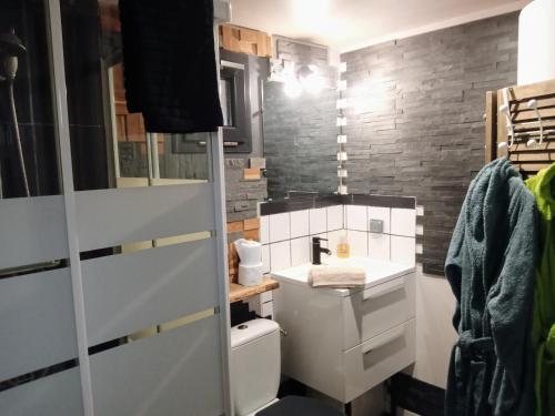 a bathroom with a toilet and a sink at L Atypic, chalet bien être aux portes de Vannes in Monterblanc