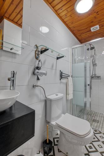 a bathroom with a toilet and a sink and a shower at Ocean Blue & Nature Townhouse - Bikes included in Ericeira