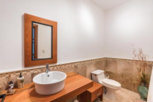 Newly Added Beautiful Villa at Puerto Bahia - Breakfast Included في سانتا باربرا دو سامانا: حمام مع حوض ومرحاض ومرآة