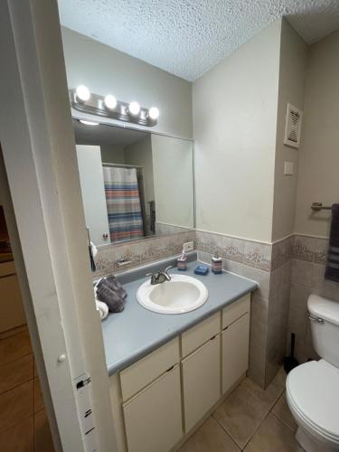 a bathroom with a sink and a toilet and a mirror at Beach Front Studio Apartment with Pool in Isabela