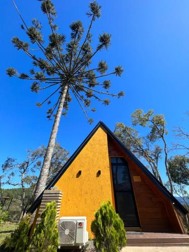 a tiny house with a palm tree in the background at Pousada Cabanas Araxá in Urubici