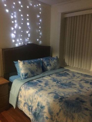 1 dormitorio con 1 cama con luces en la pared en 2 bedroom suite, en Schenectady