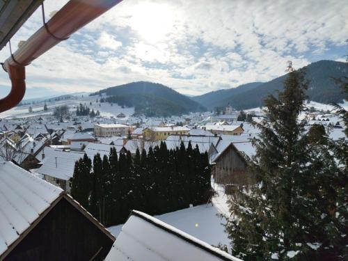 eine Stadt voller Schnee mit Bergen im Hintergrund in der Unterkunft ubytovanie v súkromí červenka in Liptovská Teplička