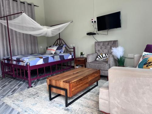 ein Wohnzimmer mit einem Bett und einem Sofa in der Unterkunft Dodoma Home Apartments in Dodoma