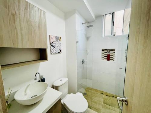 a bathroom with a toilet and a sink and a shower at Stunning view, near airport JMC, fast Wi-Fi in Marinilla