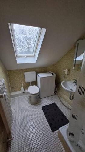 baño con aseo y lavabo y ventana en Kleine Wohnung Uninähe. Bad. Wlan Küche en Duisburg