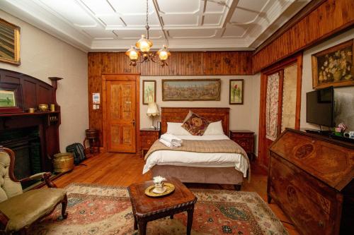 a bedroom with a bed and a fireplace and a tv at Pandora's guesthouse in Bethlehem
