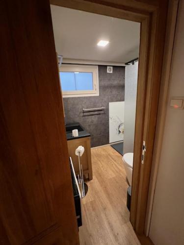 a bathroom with a toilet and a sink in a room at Genieterke in Somme-Leuze