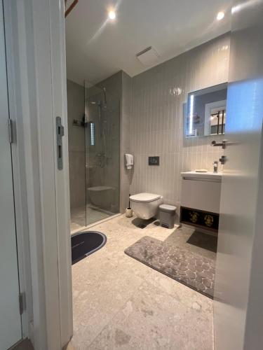 a bathroom with a toilet and a sink and a shower at BW Libera luxury apartment in Belgrade