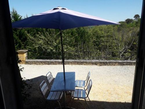 サルラ・ラ・カネダにあるLes hyacinthesの青い傘下のテーブルと椅子
