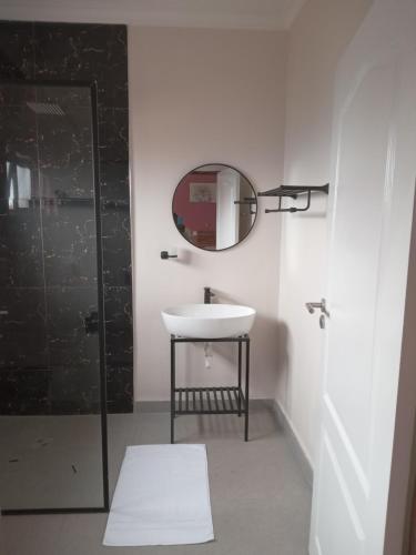 a bathroom with a sink and a mirror and a shower at Chaya accommodation B&B and self catering in Mzuzu