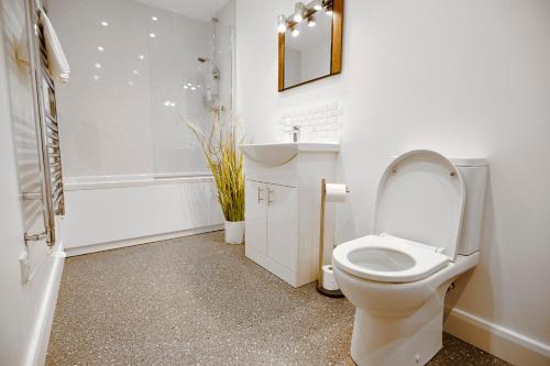 a white bathroom with a toilet and a sink at Ingleborough Lodge in Settle