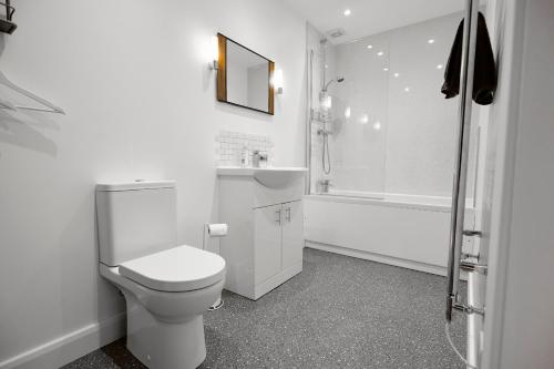 a white bathroom with a toilet and a shower at Whernside Lodge in Settle