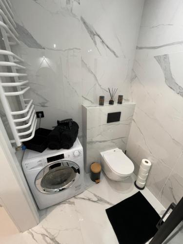 baño blanco con lavadora y aseo en ST55 Apartament, en Rzeszów