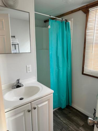 a bathroom with a sink and a blue shower curtain at Aqua Lodges At Hurricane Hole Marina in Key West